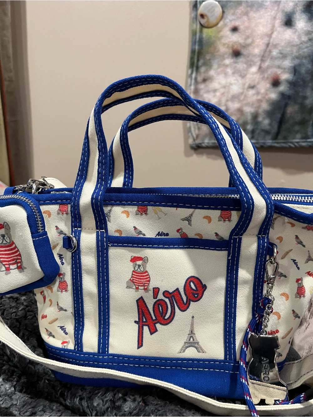 Aeropostale White Canvas Tote with Blue Trim & Red Accents